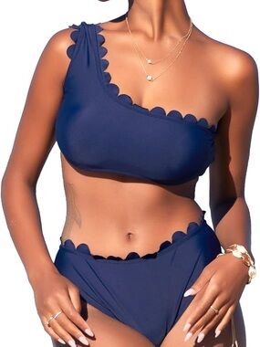NWT Size XL MollyBell One-Shoulder Scallop Trim Bikini Set in Navy